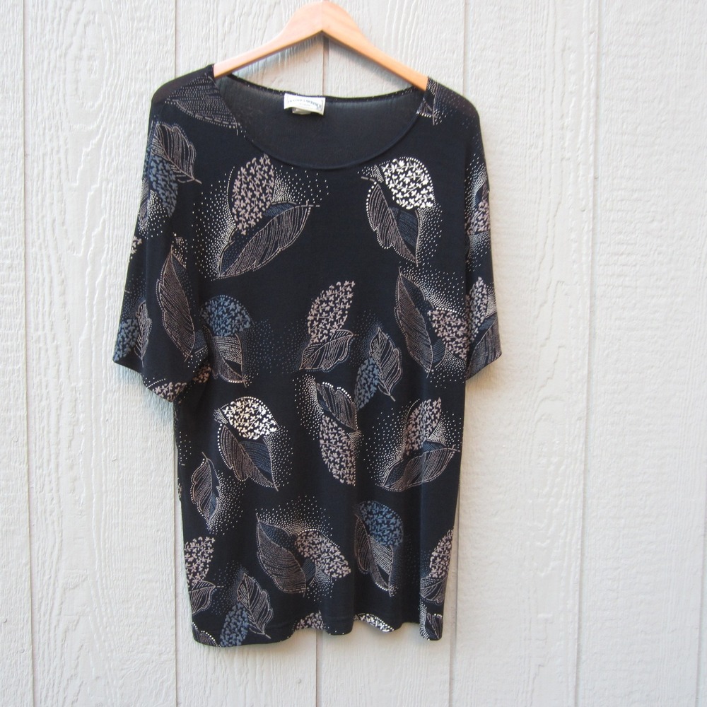 VTG Frazier Lawrence top Womeen 1X Black Leaf Floral Short Sleeve USA Made